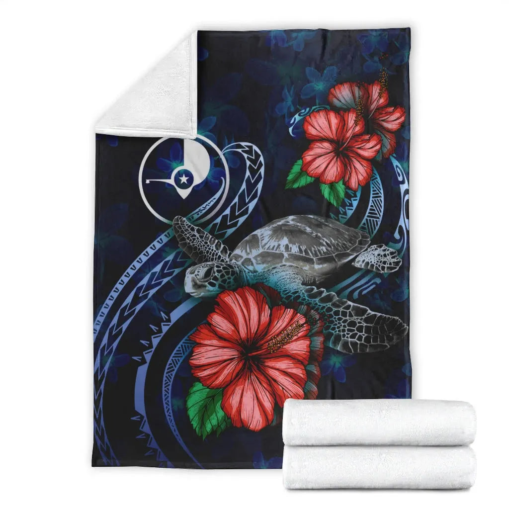 Yap Polynesian Premium Blanket - Blue Turtle Hibiscus