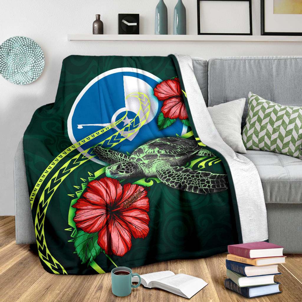 Yap Polynesian Premium Blanket - Green Turtle Hibiscus