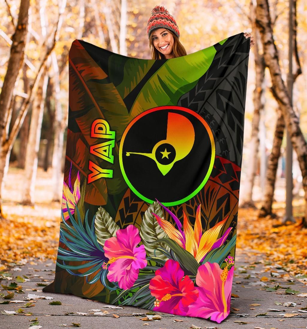 Yap Polynesian Premium Blanket -  Hibiscus and Banana Leaves