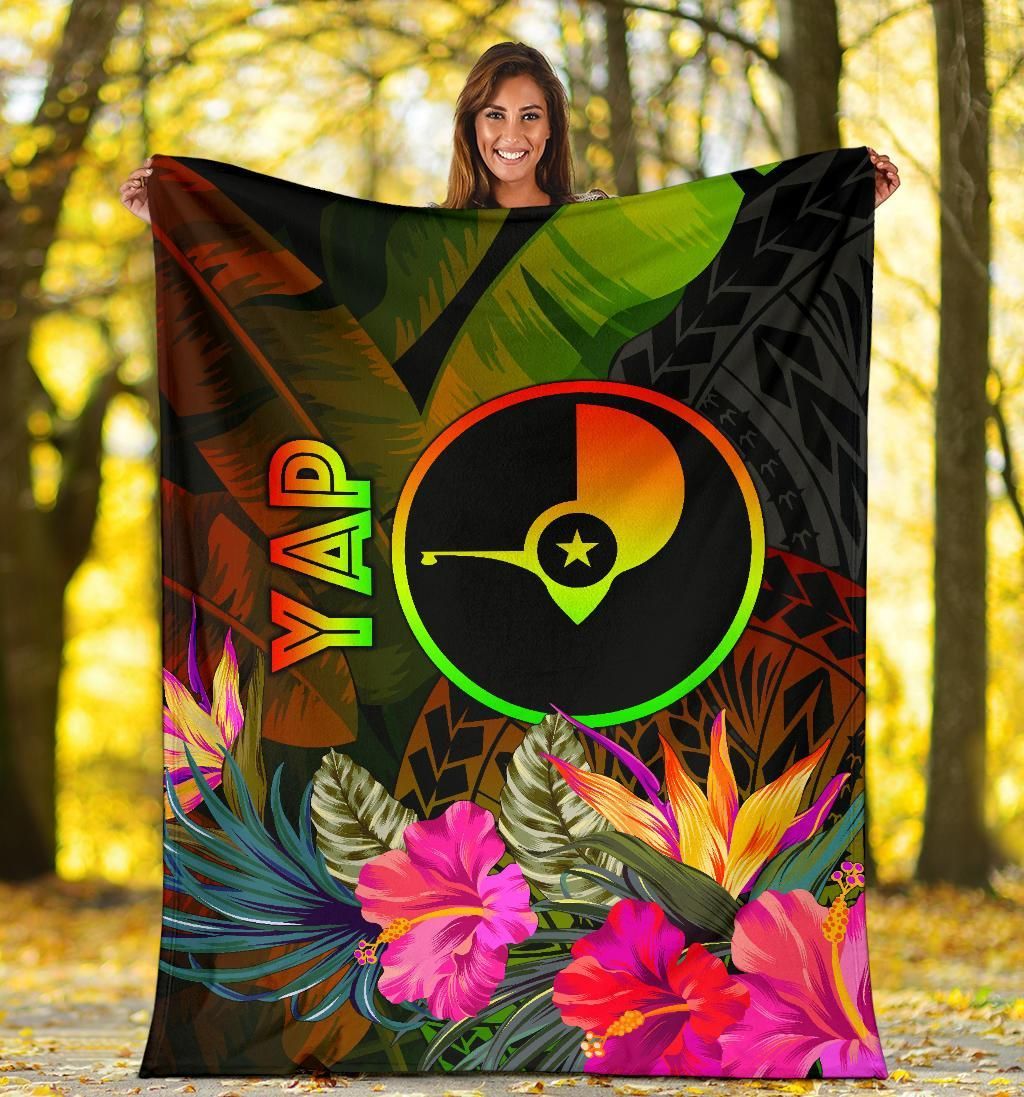 Yap Polynesian Premium Blanket -  Hibiscus and Banana Leaves