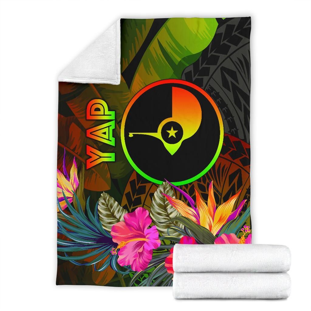 Yap Polynesian Premium Blanket -  Hibiscus and Banana Leaves
