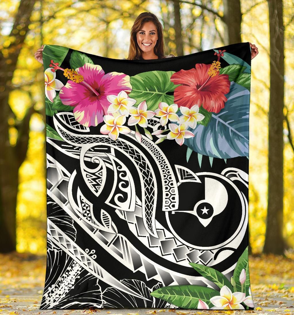 Yap Polynesian PREMIUM BLANKET - Summer Plumeria (Black)