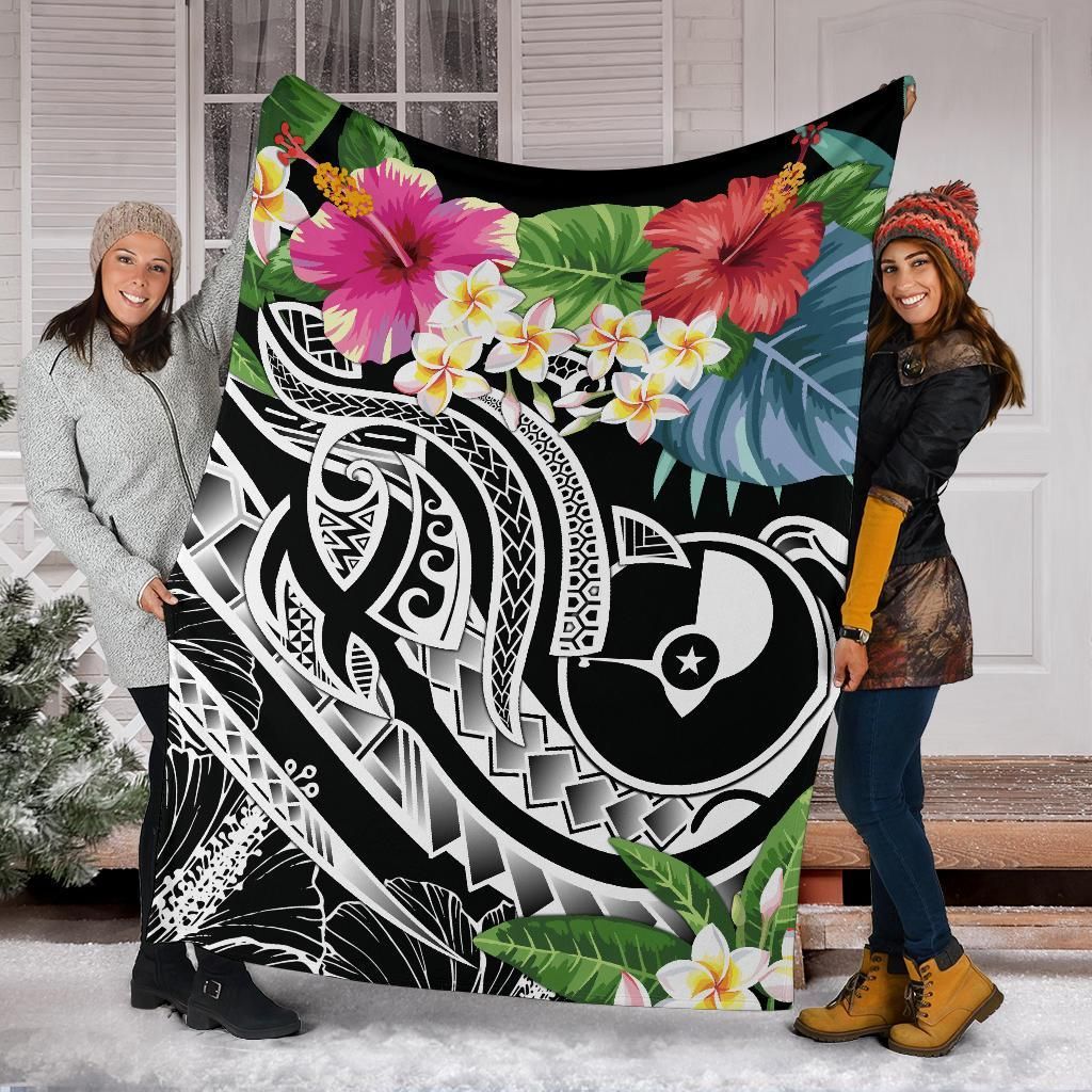 Yap Polynesian PREMIUM BLANKET - Summer Plumeria (Black)