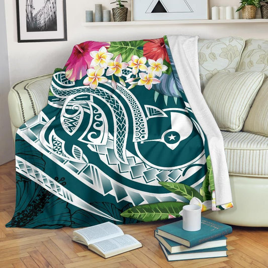 Yap Polynesian Premium Blanket - Summer Plumeria (Turquoise)