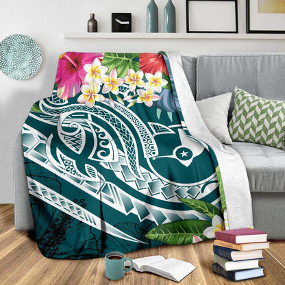 Yap Polynesian Premium Blanket - Summer Plumeria (Turquoise)