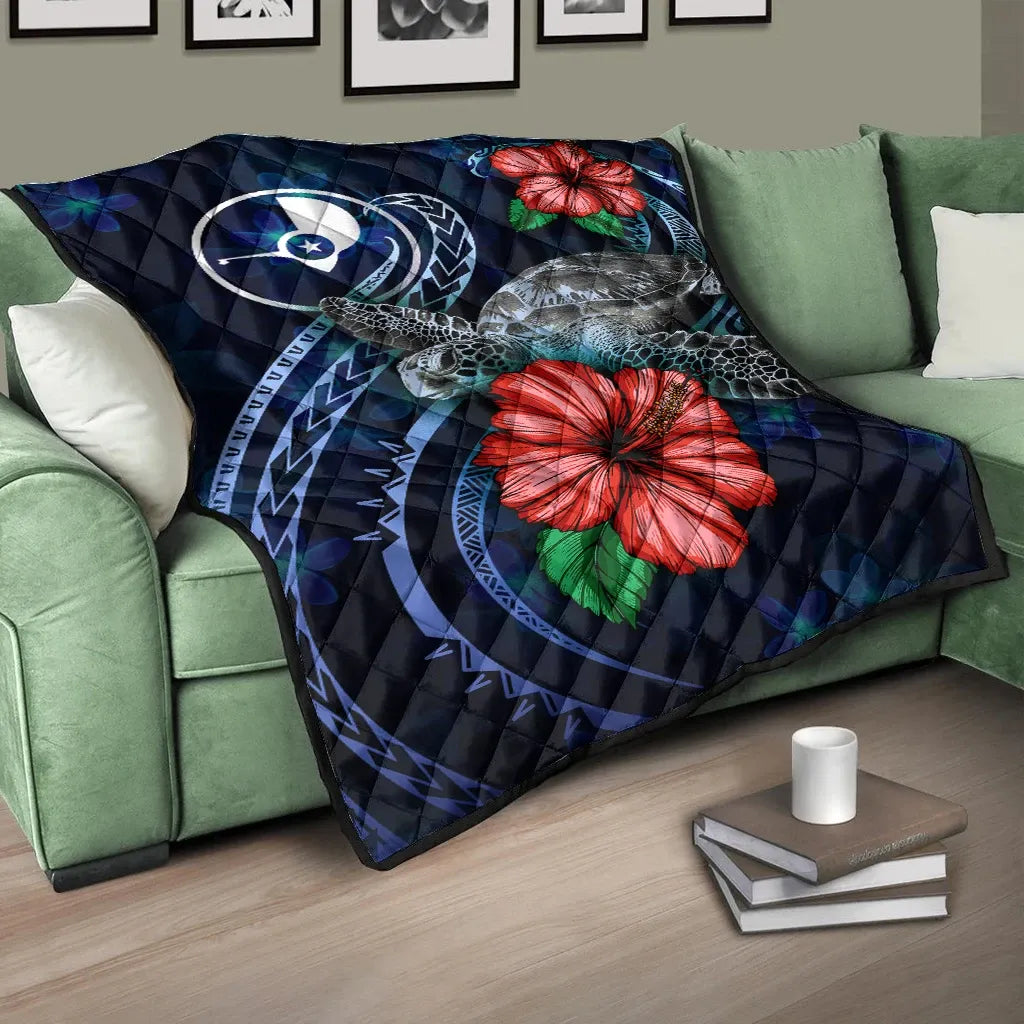 Yap Polynesian Premium Quilt - Blue Turtle Hibiscus