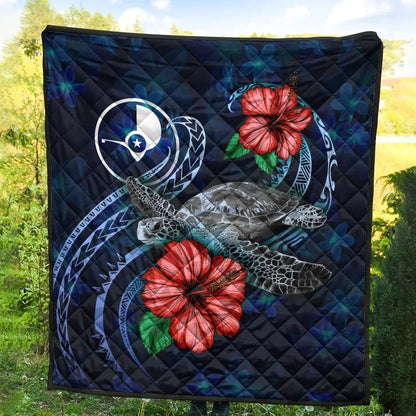Yap Polynesian Premium Quilt - Blue Turtle Hibiscus