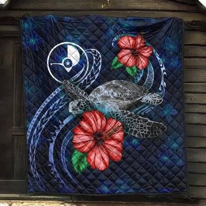Yap Polynesian Premium Quilt - Blue Turtle Hibiscus