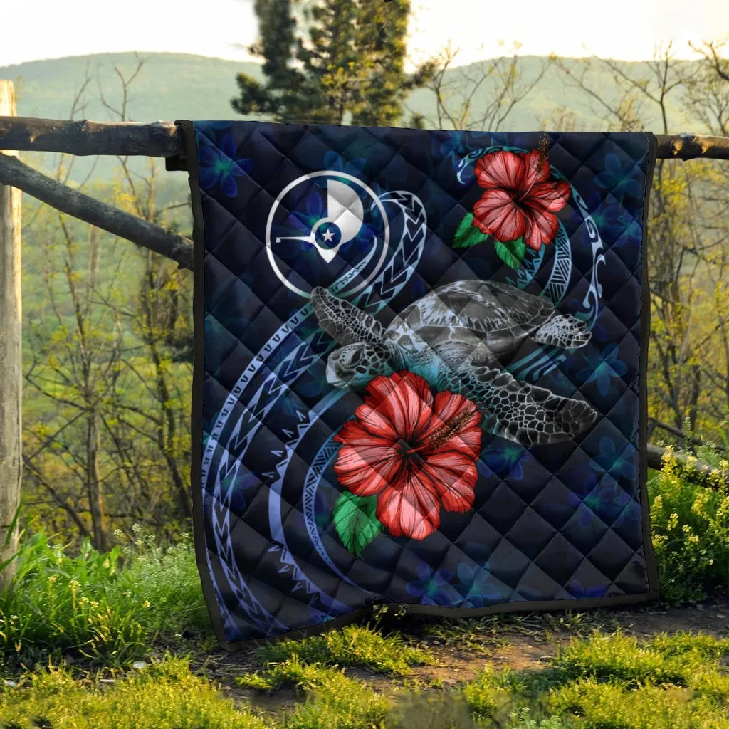 Yap Polynesian Premium Quilt - Blue Turtle Hibiscus