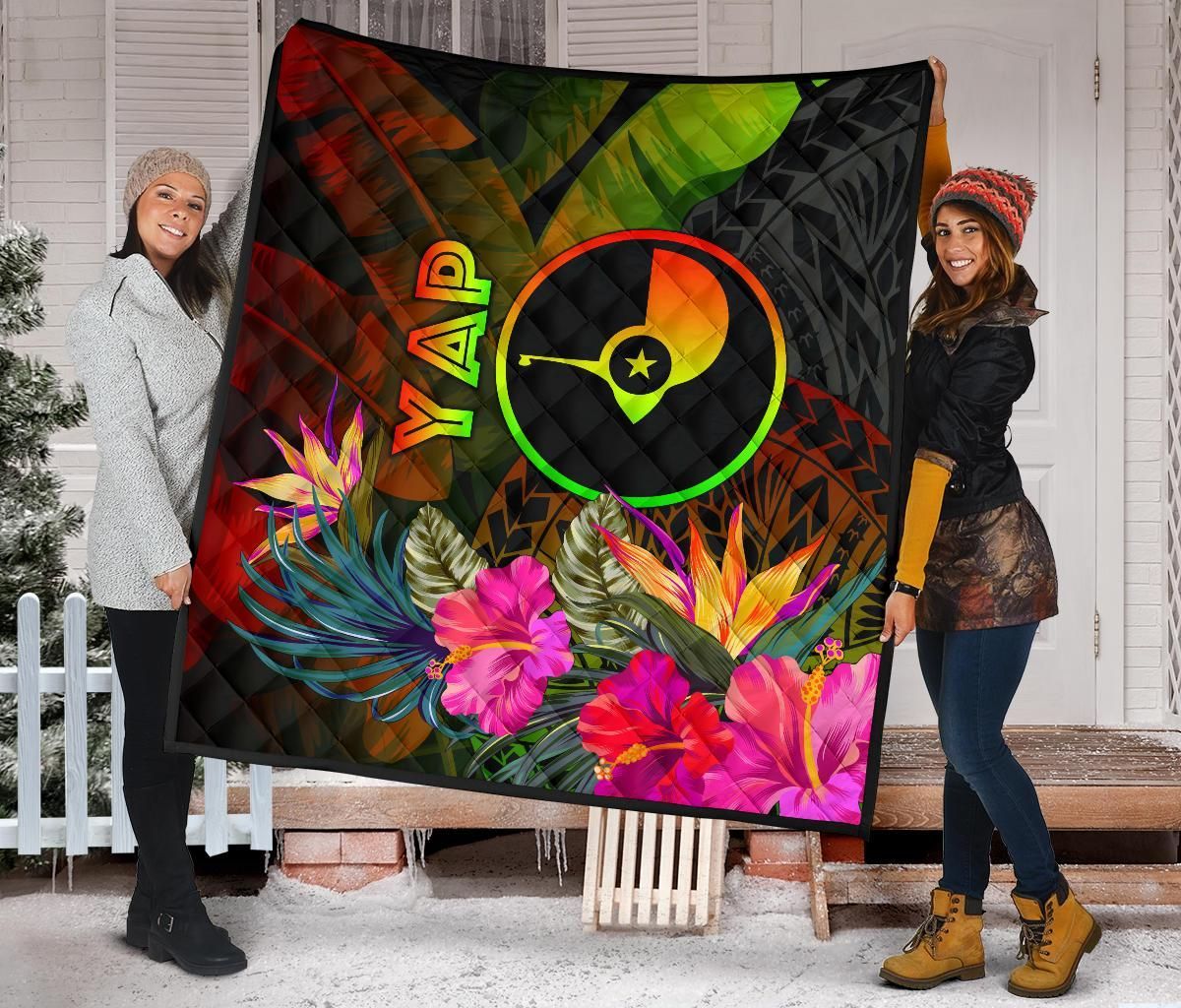 YAP Polynesian Premium Quilt -  Hibiscus and Banana Leaves