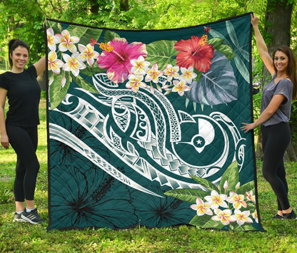 YAP Polynesian Premium Quilt - Summer Plumeria (Turquoise)