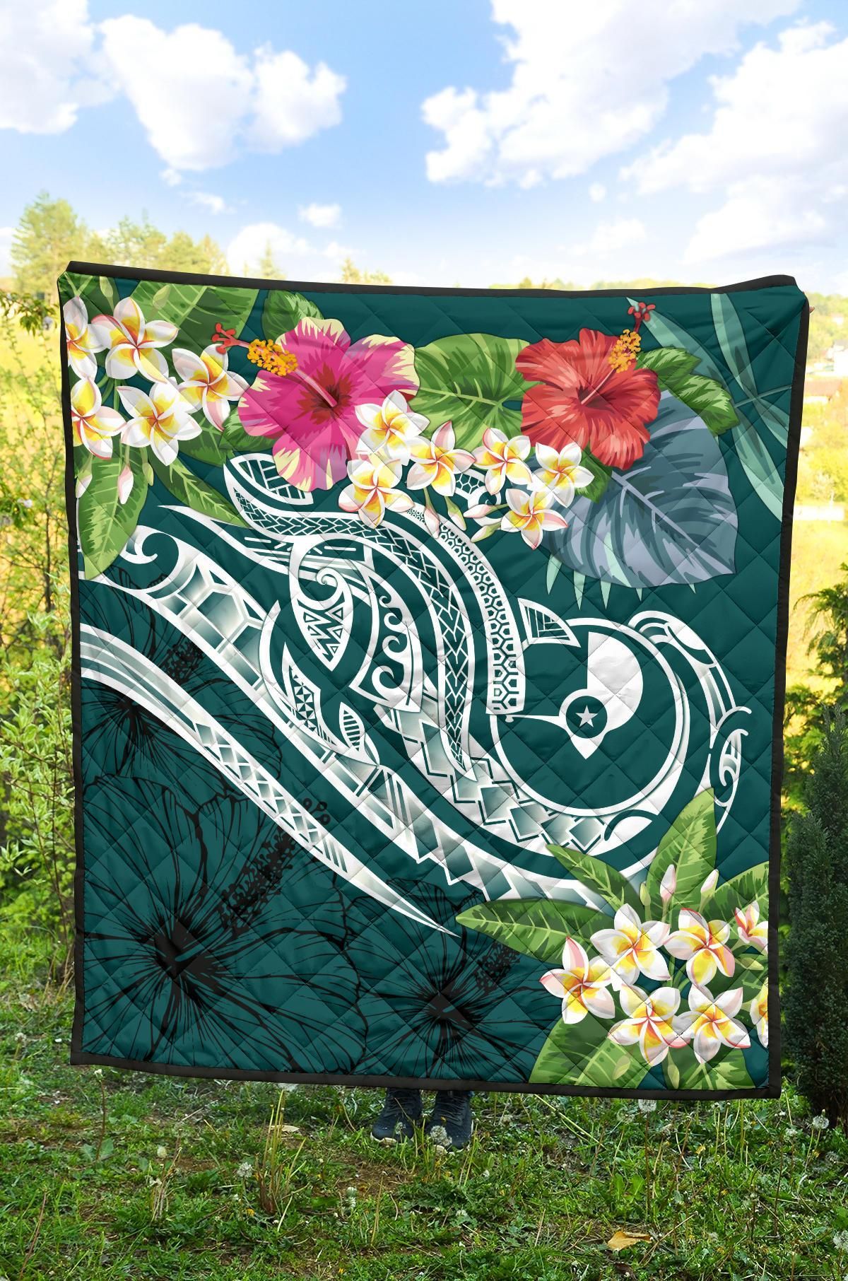 YAP Polynesian Premium Quilt - Summer Plumeria (Turquoise)