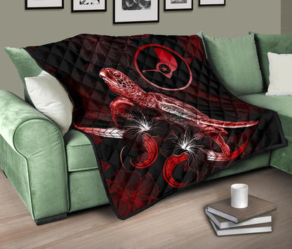 Yap Polynesian Premium Quilt - Turtle With Blooming Hibiscus Red