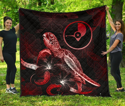 Yap Polynesian Premium Quilt - Turtle With Blooming Hibiscus Red