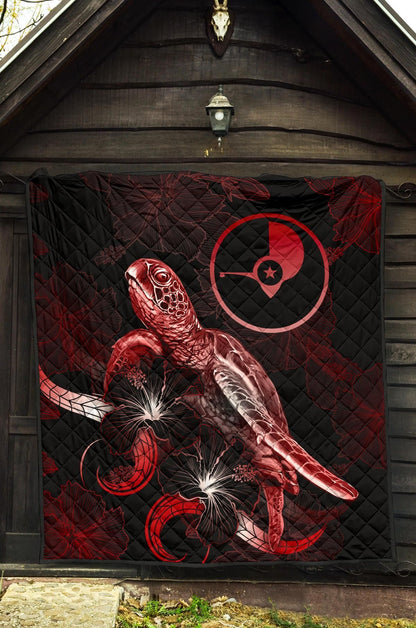 Yap Polynesian Premium Quilt - Turtle With Blooming Hibiscus Red