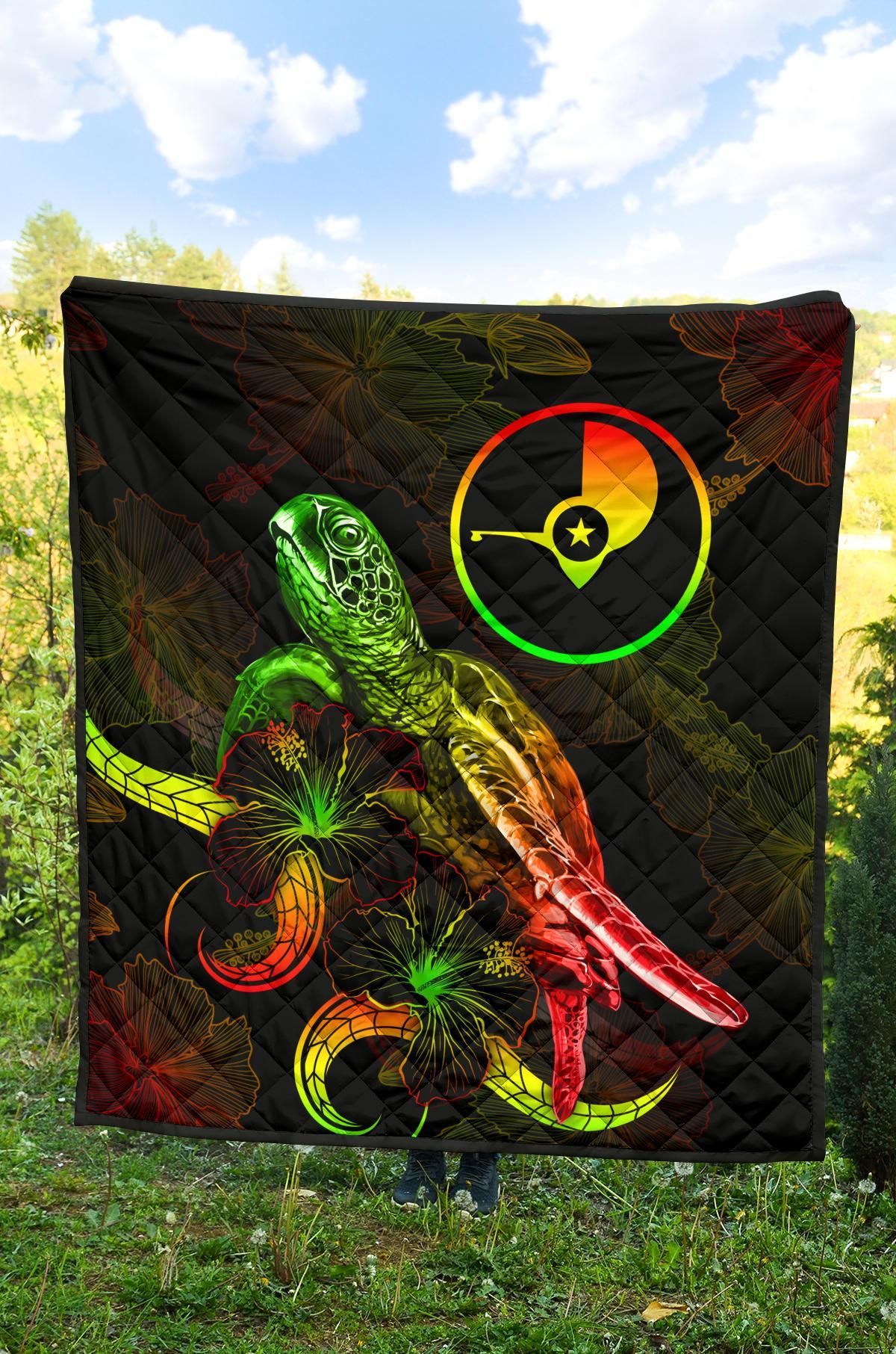 Yap Polynesian Premium Quilt - Turtle With Blooming Hibiscus Reggae