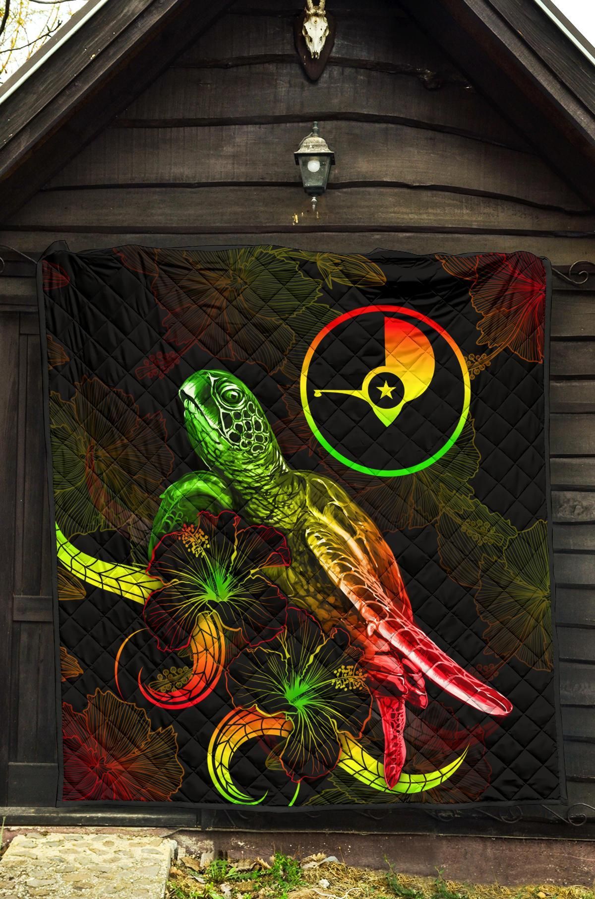 Yap Polynesian Premium Quilt - Turtle With Blooming Hibiscus Reggae