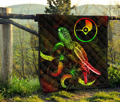 Yap Polynesian Premium Quilt - Turtle With Blooming Hibiscus Reggae