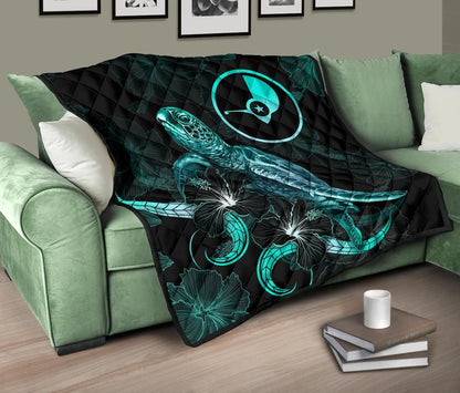 Yap Polynesian Premium Quilt - Turtle With Blooming Hibiscus Turquoise