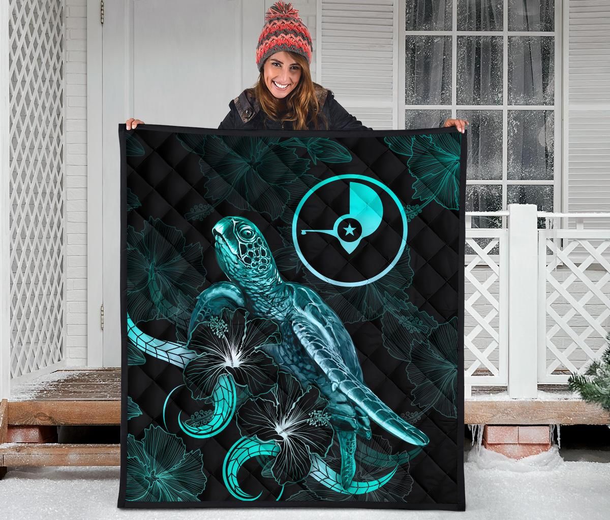 Yap Polynesian Premium Quilt - Turtle With Blooming Hibiscus Turquoise