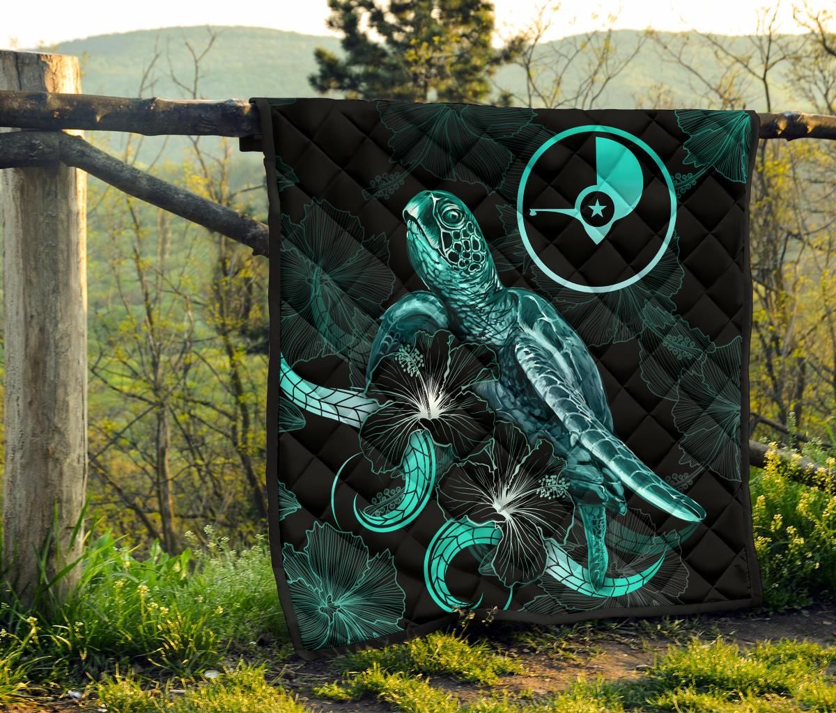 Yap Polynesian Premium Quilt - Turtle With Blooming Hibiscus Turquoise