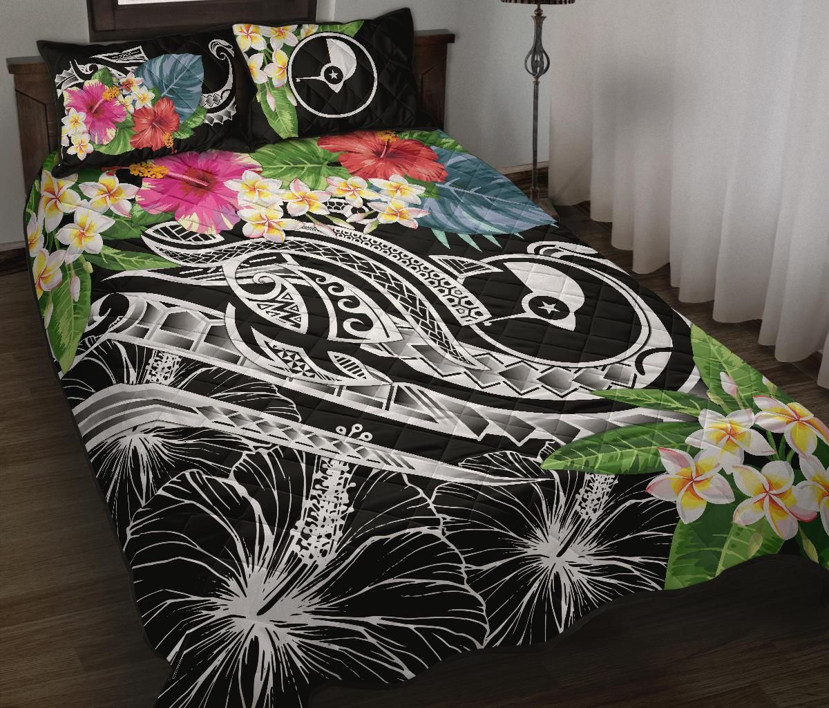 Yap Polynesian Quilt Bed Set - Summer Plumeria (Black)