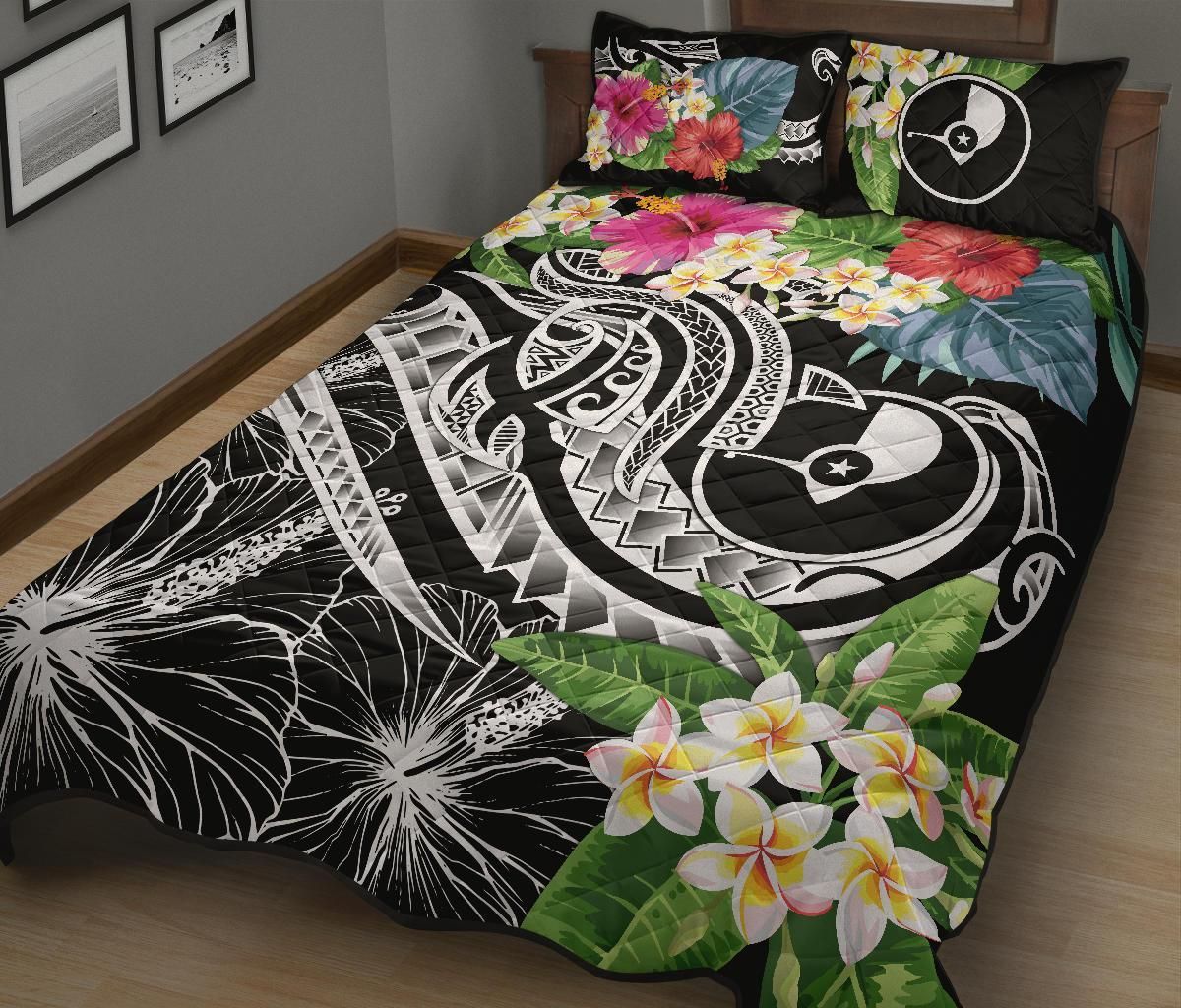 Yap Polynesian Quilt Bed Set - Summer Plumeria (Black)