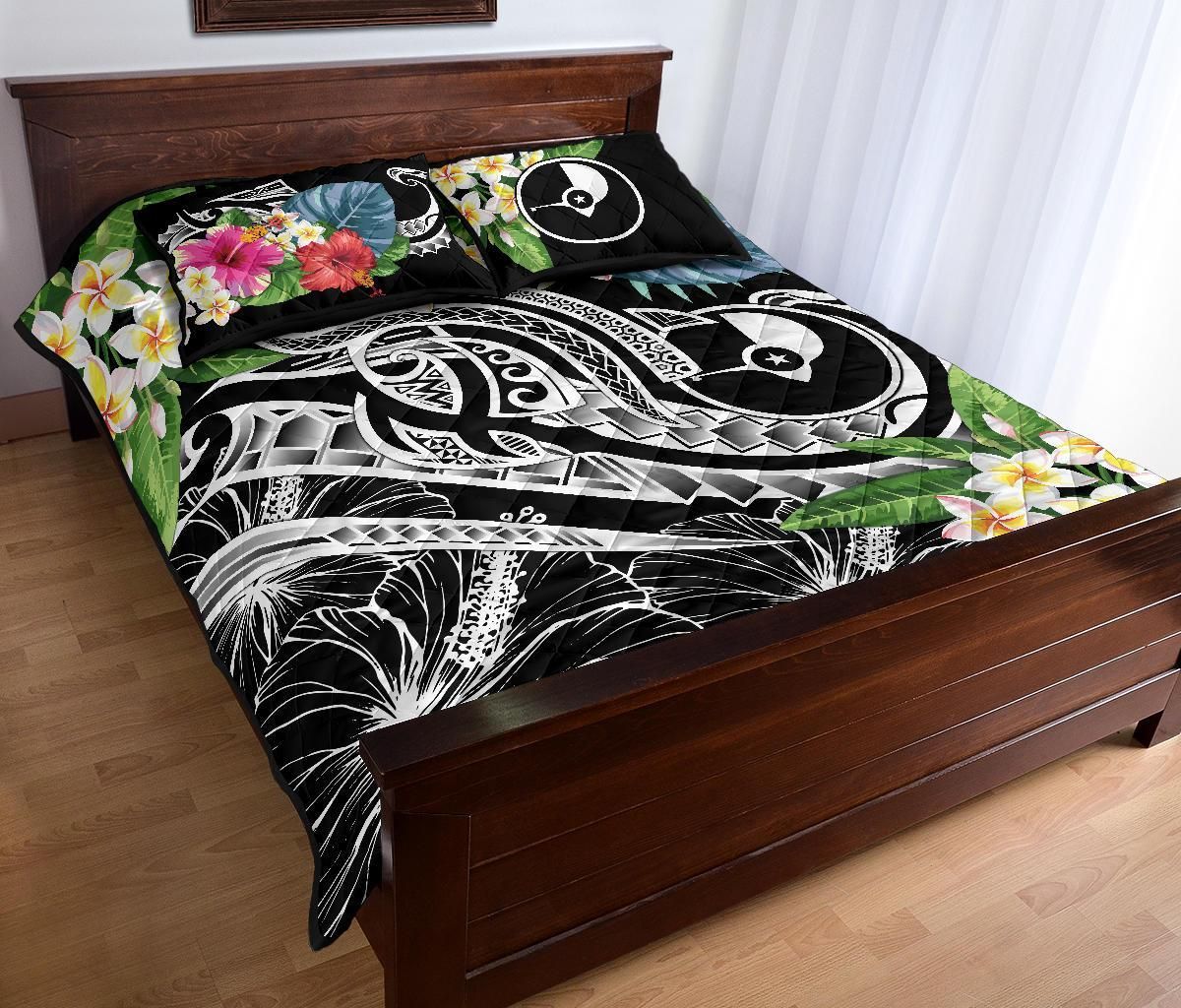 Yap Polynesian Quilt Bed Set - Summer Plumeria (Black)