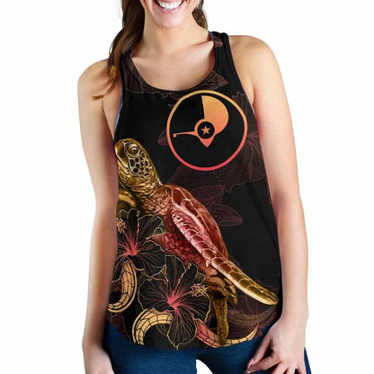 Yap Polynesian Women Tank Top - Turtle With Blooming Hibiscus Gold