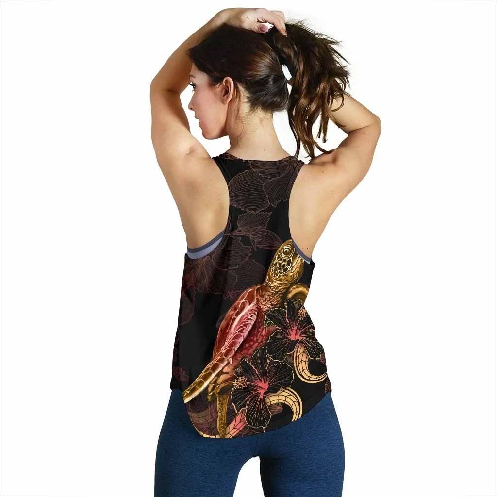 Yap Polynesian Women Tank Top - Turtle With Blooming Hibiscus Gold