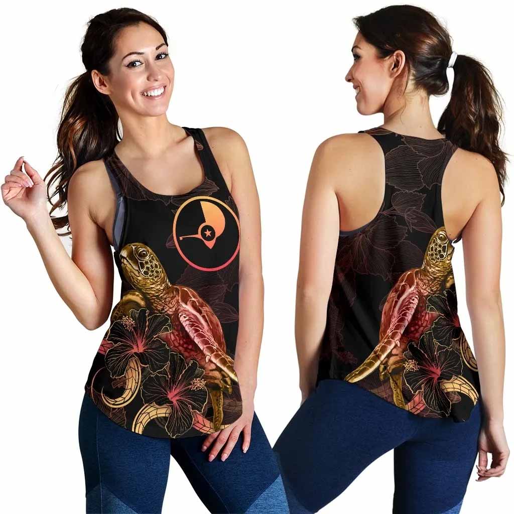 Yap Polynesian Women Tank Top - Turtle With Blooming Hibiscus Gold