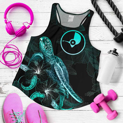 Yap Polynesian Women Tank Top - Turtle With Blooming Hibiscus Turquoise