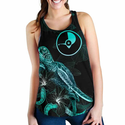 Yap Polynesian Women Tank Top - Turtle With Blooming Hibiscus Turquoise