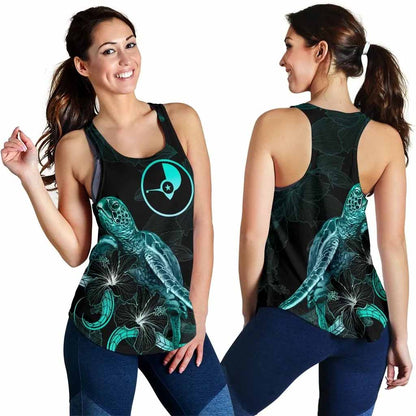 Yap Polynesian Women Tank Top - Turtle With Blooming Hibiscus Turquoise