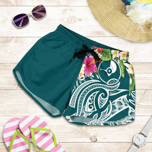 Yap Polynesian Women Shorts - Summer Plumeria (Turquoise)