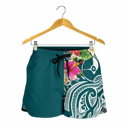 Yap Polynesian Women Shorts - Summer Plumeria (Turquoise)