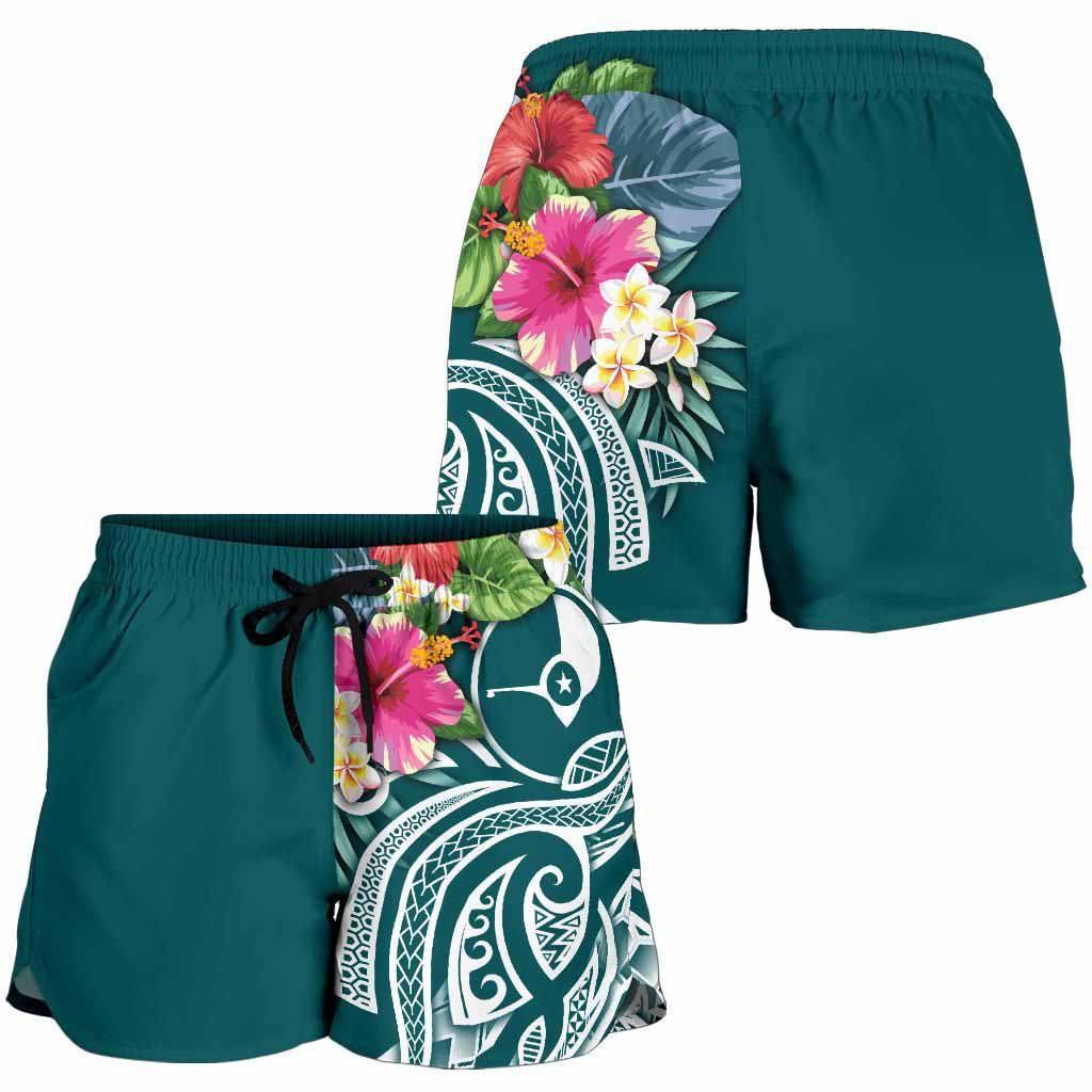 Yap Polynesian Women Shorts - Summer Plumeria (Turquoise)
