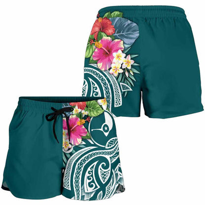 Yap Polynesian Women Shorts - Summer Plumeria (Turquoise)