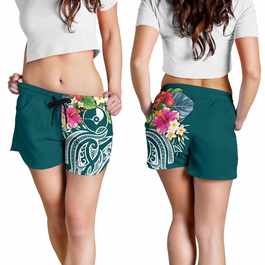 Yap Polynesian Women Shorts - Summer Plumeria (Turquoise)