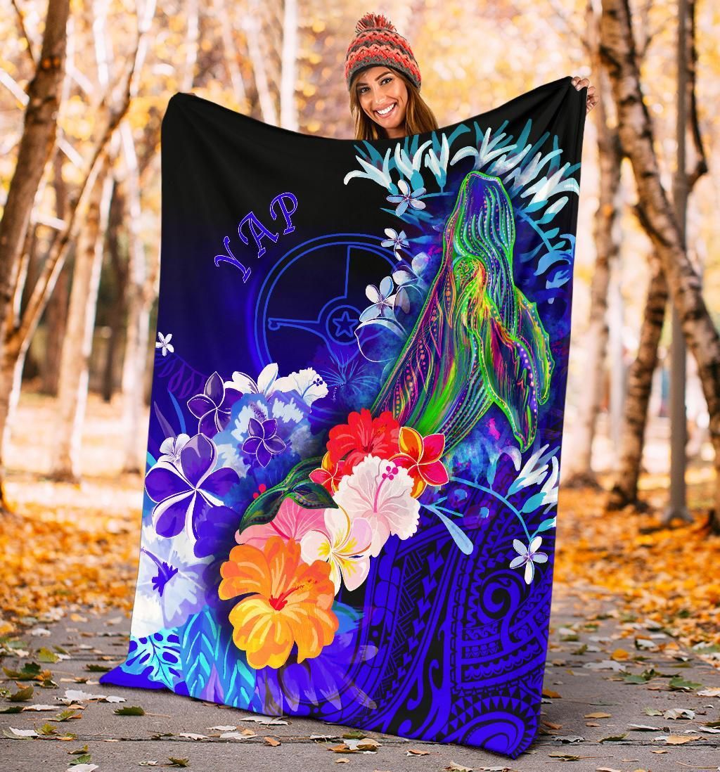 Yap Premium Blanket - Humpback Whale with Tropical Flowers (Blue)