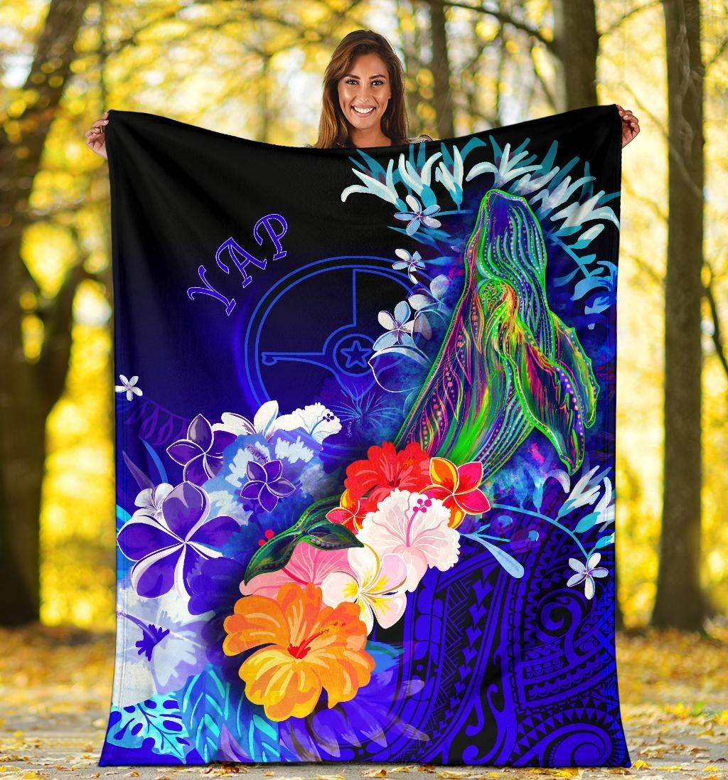 Yap Premium Blanket - Humpback Whale with Tropical Flowers (Blue)
