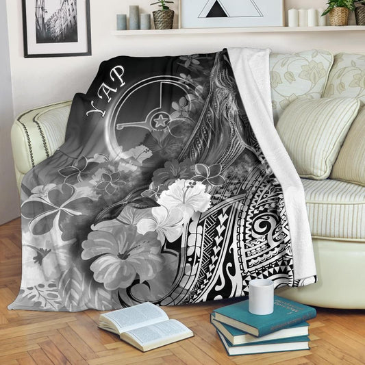 Yap Premium Blanket - Humpback Whale with Tropical Flowers (White)