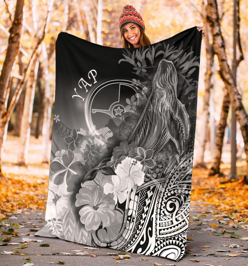Yap Premium Blanket - Humpback Whale with Tropical Flowers (White)