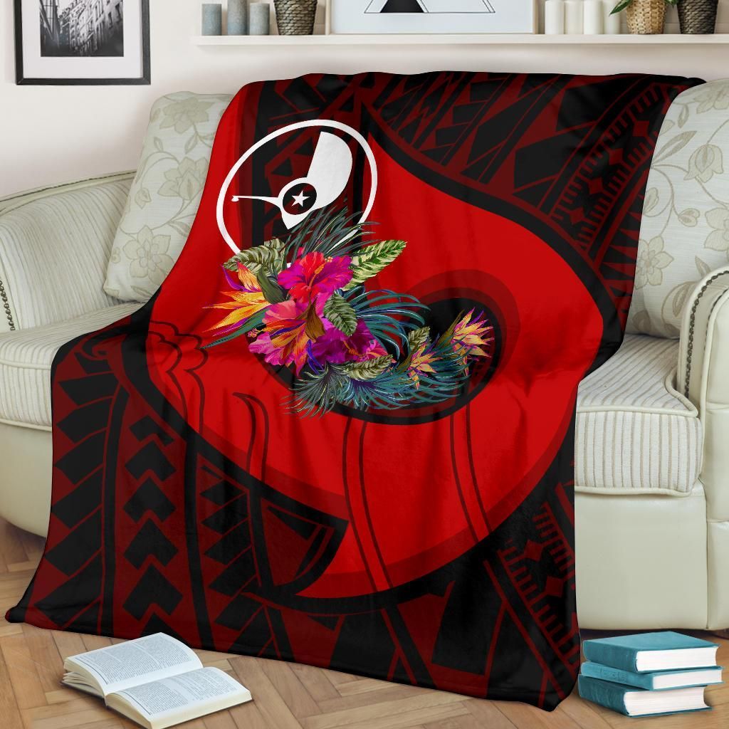 Yap Premium Blanket - Polynesian Hook And Hibiscus (Red)