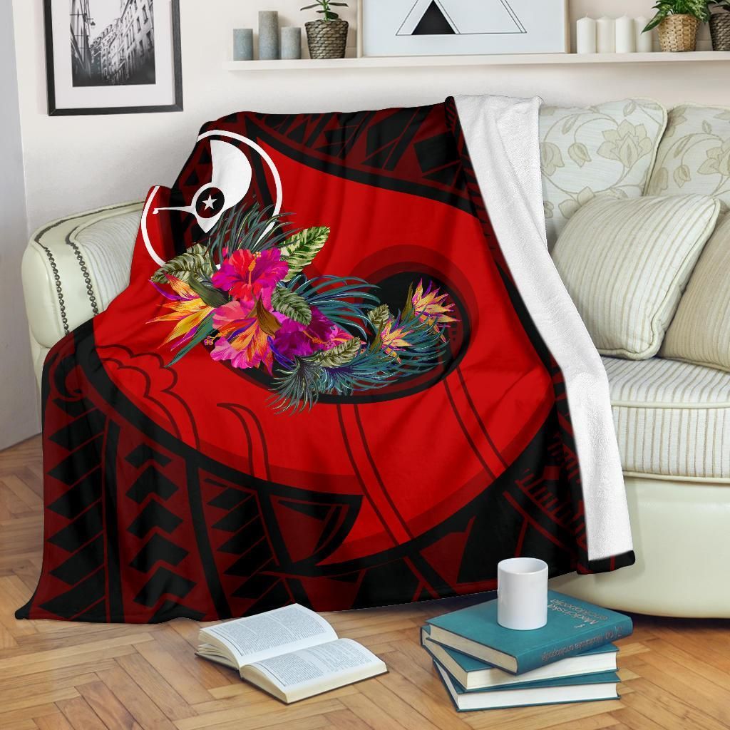 Yap Premium Blanket - Polynesian Hook And Hibiscus (Red)