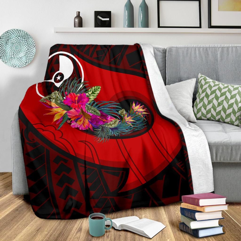 Yap Premium Blanket - Polynesian Hook And Hibiscus (Red)