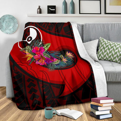 Yap Premium Blanket - Polynesian Hook And Hibiscus (Red)