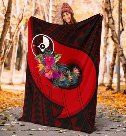 Yap Premium Blanket - Polynesian Hook And Hibiscus (Red)