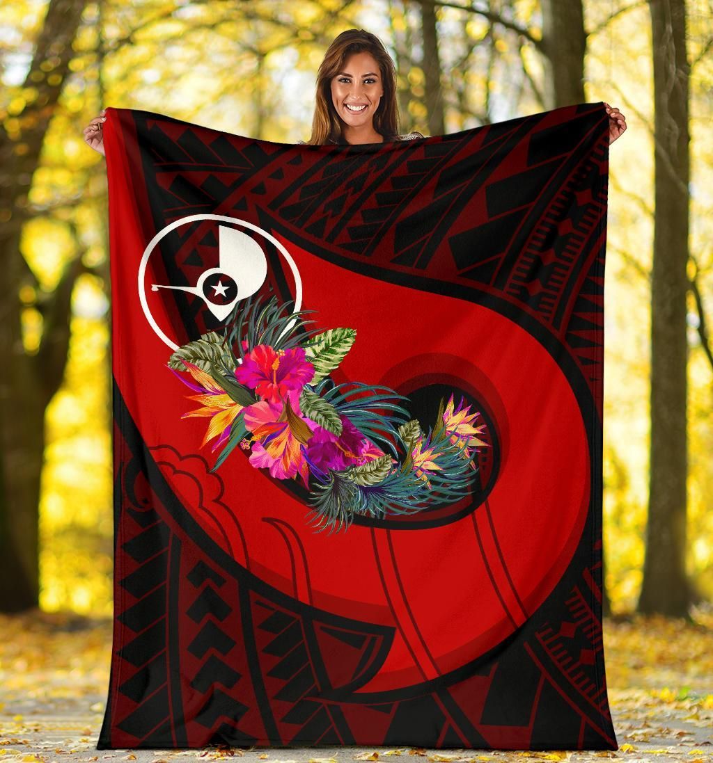 Yap Premium Blanket - Polynesian Hook And Hibiscus (Red)