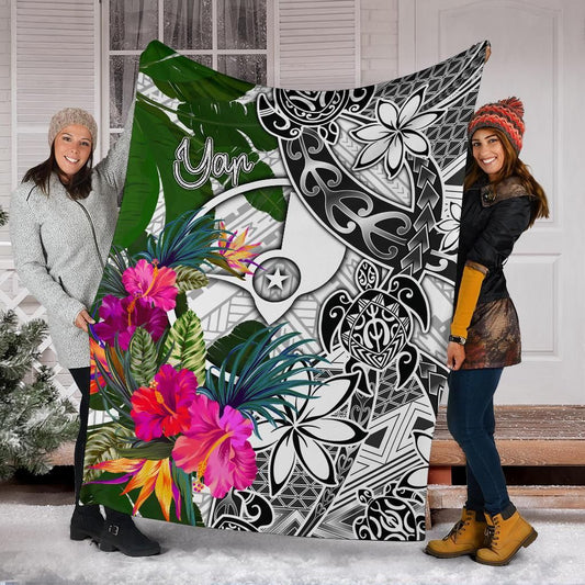 Yap Premium Blanket White - Turtle Plumeria Banana Leaf